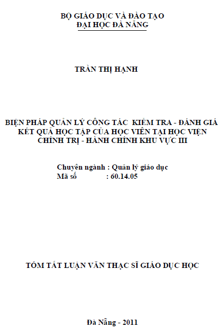 bien phap quan ly cong tac kiem tra danh gia ket qua hoc tap cua hoc vien tai hoc vien chinh tri hanh chinh khu vuc iii