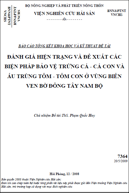 danh gia hien trang va de xuat cac bien phap bao ve trung ca ca con va au trung tom tom con o vung bien ven bo dong tay nam bo