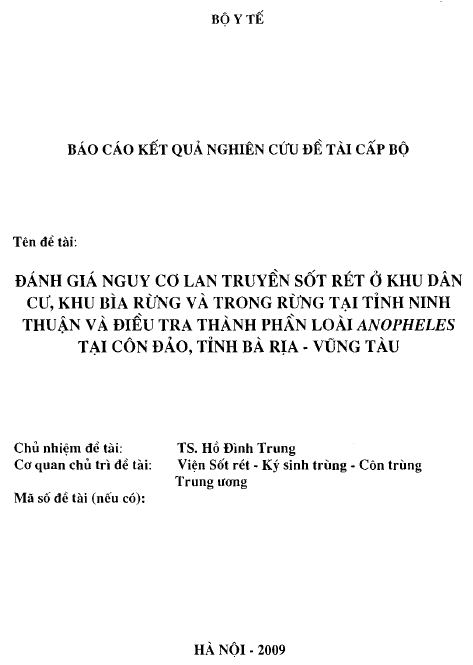 danh gia nguy co lan truyen sot ret o khu dan cu khu bia rung va trong rung tai tinh ninh thuan va dieu tra thanh phan loai anopheles tai con dao tinh ba ria vung tau