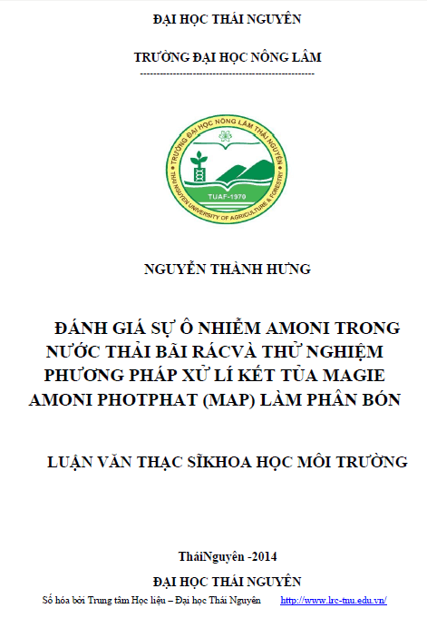 danh gia su o nhiem amoni trong nuoc thai bai rac va thu nghiem phuong phap xu ly ket tua magie amoni photphat map lam phan bon