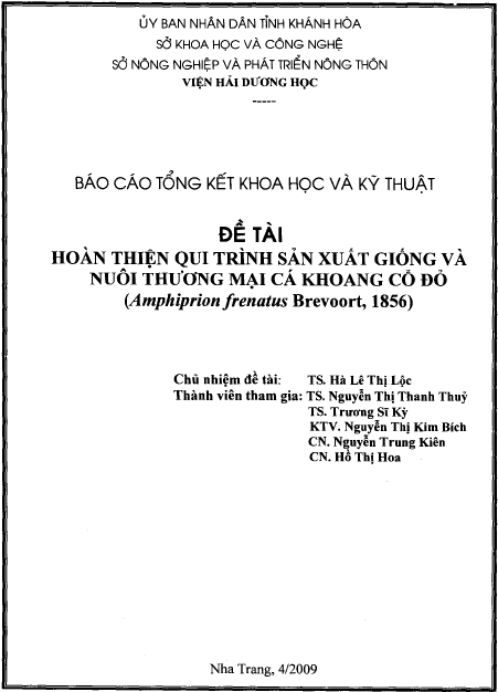 hoan thien quy trinh san xuat giong va nuoi thuong mai ca khoang co do amphiprion frenatus brevoort 1856