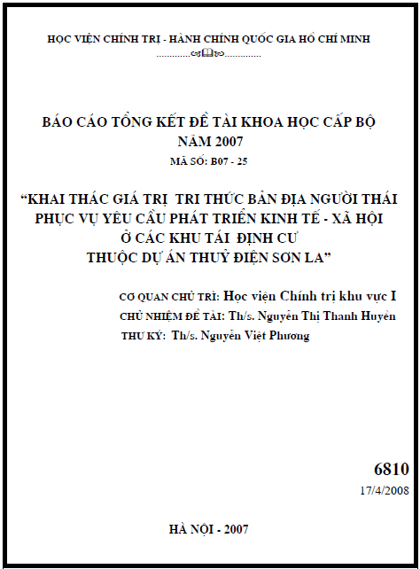 khai thac gia tri tri thuc ban dia nguoi thai phuc vu yeu cau phat trien kinh te xa hoi o cac khu tai dinh cu thuoc du an thuy dien son la