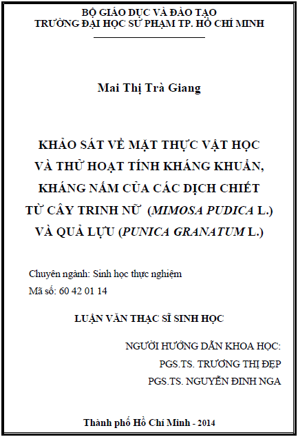 khao sat ve mat thuc vat hoc va thu hoat tinh khang khuan khang nam cua cac dich chiet tu cay trinh nu mimosa pudica l va qua luu punica granatum l