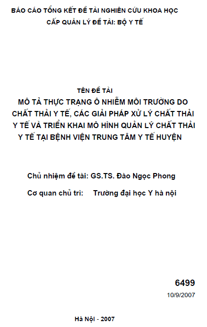 mo ta thuc trang o nhiem moi truong do chat thai y te cac bien phap xu ly chat thai y te va trien khai mo hinh quan ly chat thai y te tai benh vien trung tam y te huyen