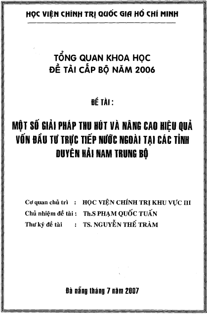 mot so giai phap thu hut va nang cao hieu qua von dau tu truc tiep nuoc ngoai tai cac tinh duyen hai nam trung bo