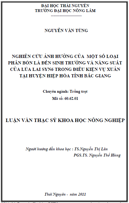 nghien cuu anh huong cua mot so loai phan bon la den sinh truong va nang suat cua lua lai syng trong dieu kien vu xuan tai huyen hiep hoa tinh bac giang