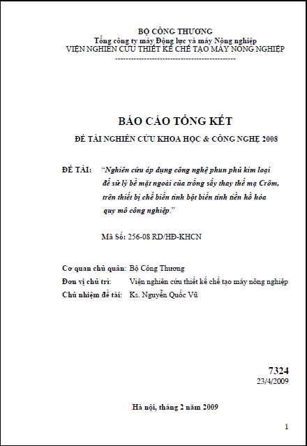 nghien cuu ap dung cong nghe phun phu kim loai de su ly be mat ngoai cua trong say thay the ma crom tren thiet bi che bien tinh bot bien tinh tien ho hoa quy mo cong nghiep