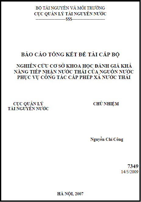 nghien cuu co so khoa hoc danh gia kha nang tiep nhan nuoc thai cua nguon nuoc phuc vu cong tac cap phep xa nuoc thai