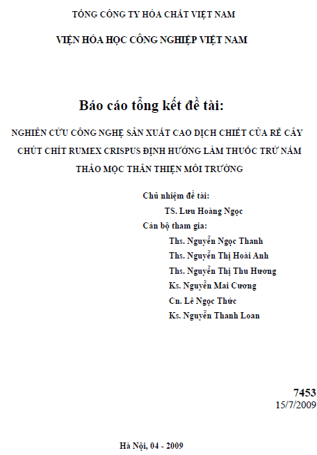nghien cuu cong nghe san xuat cao dich chiet cua re cay chut chut rumex crispus dinh huong lam thuoc tru nam thao moc than thien moi truong
