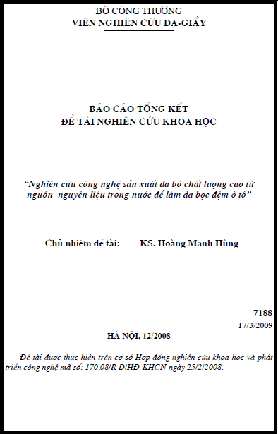 nghien cuu cong nghe san xuat da bo chat luong cao tu nguon nguyen lieu trong nuoc de lam da boc dem o to