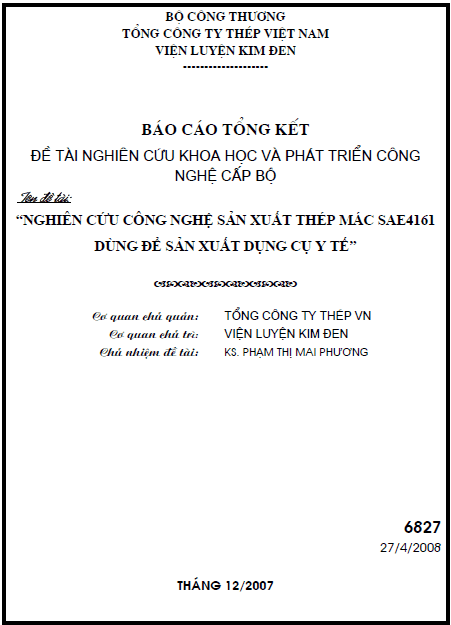nghien cuu cong nghe san xuat thep mac sae4161 dung de san xuat dung cu y te
