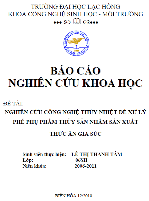 nghien cuu cong nghe thuy nhiet de xu ly phe phu pham thuy san nham san xuat thuc an gia suc