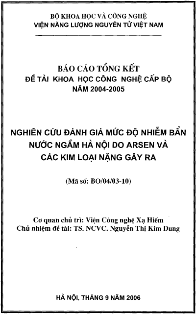 nghien cuu danh gia muc do nhiem ban nuoc ngam ha noi do arsen va cac kim loai nang gay ra