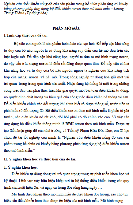 nghien cuu dieu khien nong do cua san pham trong be chua phan ung co khuay bang phuong phap ung dung bo dieu khien noron theo mo hinh mau