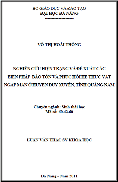 nghien cuu hien trang va de xuat cac bien phap bao ton va phuc hoi he thuc vat ngap man o huyen duy xuyen tinh quang nam