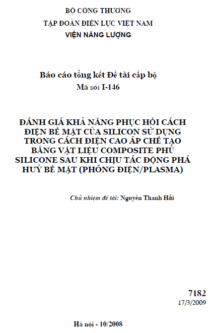 nghien cuu kha nang phuc hoi cach dien be mat cua silicon su dung trong cach dien cao ap che tao bang vat lieu compozit phu silicon sau khi chiu tac dong pha huy be mat phong dien plazma