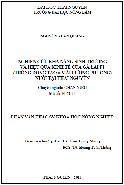 nghien cuu kha nang sinh truong va hieu qua kinh te cua ga lai f1 trong dong tao x mai luong phuong nuoi tai thai nguyen
