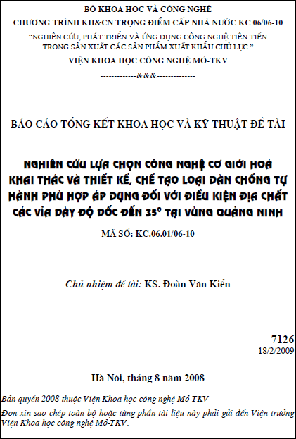 nghien cuu lua chon cong nghe co gioi hoa khai thac va thiet ke che tao loai dan chong tu hanh phu hop ap dung doi voi dieu kien dia chat cac via day do doc den 35 do tai vung quang ninh