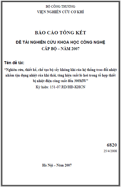 nghien cuu thiet ke che tao bo say khong khi cua he thong trao doi nhiet nham tan dung nhiet cua khi thai tang hieu suat lo hoi trong to hop thiet bi nhiet cong suat den 300mw