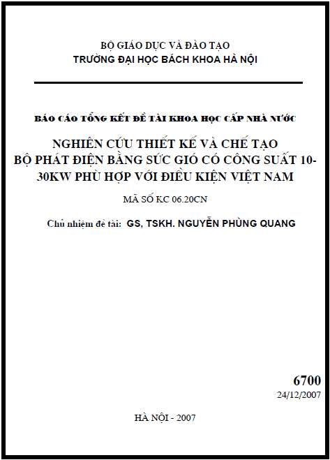 nghien cuu thiet ke va che tao bo phat dien bang suc gio co cong suat 10 30kw phu hop voi dieu kien viet nam