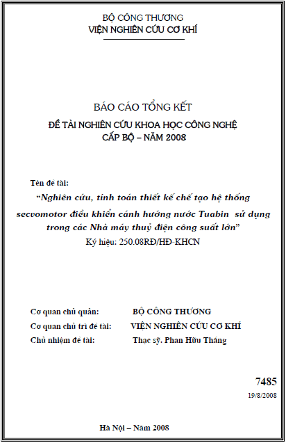 nghien cuu tinh toan thiet ke che tao he thong secvomotor dieu khien canh huong nuoc tua bin su dung trong cac nha may thuy dien cong suat lon