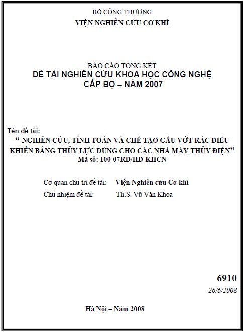 nghien cuu tinh toan va che tao gau vot rac dieu khien bang thuy luc dung cho cac nha may thuy dien
