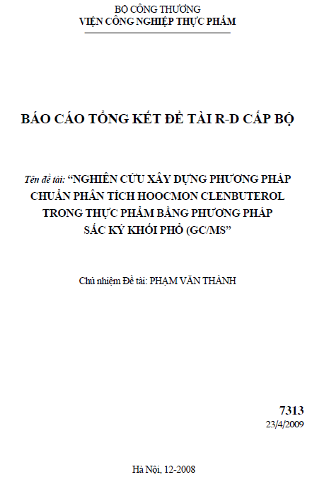 nghien cuu xay dung phuong phap chuan phan tich hoocmon clenbuterol trong thuc pham bang phuong phap sac ky khoi pho gcm