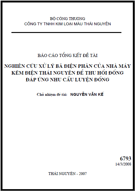 nghien cuu xu ly ba dien phan cua nha may kem dien phan thai nguyen de thu hoi dong dap ung yeu cau luyen dong