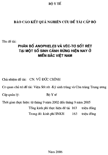 phan bo anopheles va vecto sot ret tai mot so sinh canh rung hien nay o mien bac viet nam