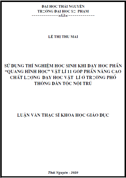 su dung thi nghiem hoc sinh khi day hoc phan quang hinh hoc vat li 11 gop phan nang cao chat luong day hoc vat li o truong pho thong dan toc noi tru