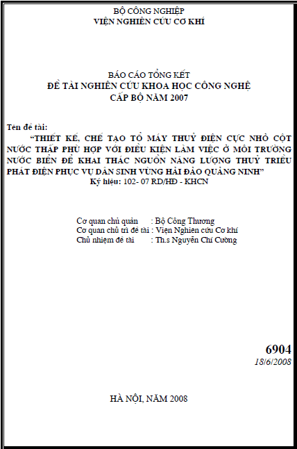 thiet ke che tao to may thuy dien cuc nho cot nuoc thap phu hop voi dieu kien lam viec o moi truong nuoc bien de khai thac nguon nang luong thuy trieu phat dien phuc vu dan sinh vung hai dao quang ninh