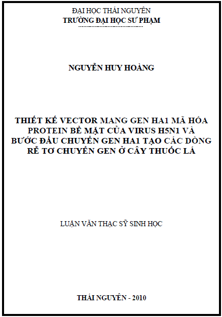 thiet ke vector mang gen ha1 ma hoa protein be mat cua virus h5n1 va buoc dau chuyen gen ha1 tao cac dong re to chuyen gen o cay thuoc la