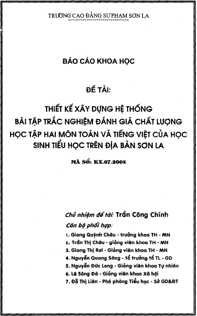 thiet ke xay dung he thong bai tap trac nghiem danh gia chat luong hoc tap hai mon toan va tieng viet cua hoc sinh tieu hoc tren dia ban son la
