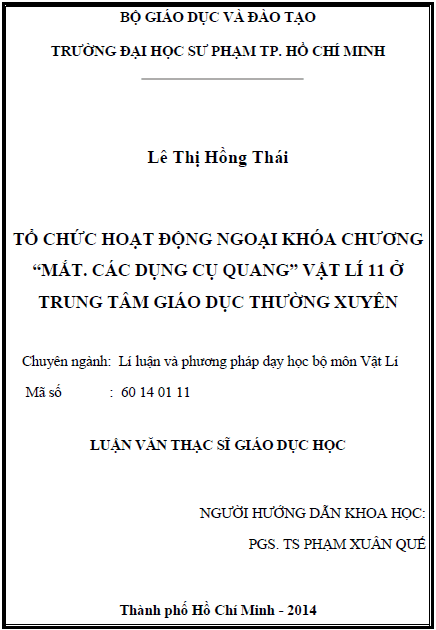 to chuc hoat dong ngoai khoa chuong mat cac dung cu quang vat li 11 o trung tam giao duc thuong