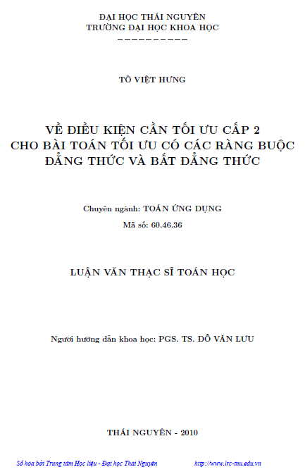 ve dieu kien can toi uu cap 2 cho bai toan toi uu co cac rang buoc dang thuc va bat dang thuc