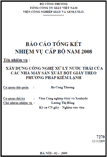 xay dung cong nghe xu ly nuoc thai cua cac nha may san xuat bot giay theo phuong phap kiem lanh