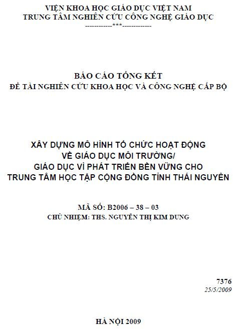 xay dung mo hinh to chuc hoat dong ve giao duc moi truong giao duc vi phat trien ben vung cho trung tam hoc cong dong tinh thai nguyen