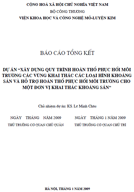 xay dung quy trinh hoan tho phuc hoi moi truong cac vung khai thac cac loai hinh khoang san va ho tro hoan tho phuc hoi moi truong cho mot don vi khai thac khoang san