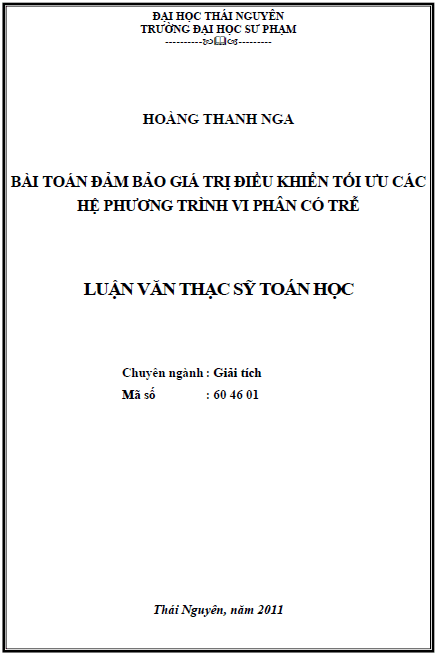 bai toan dam bao gia tri dieu khien toi uu cac he phuong trinh vi phan co tre