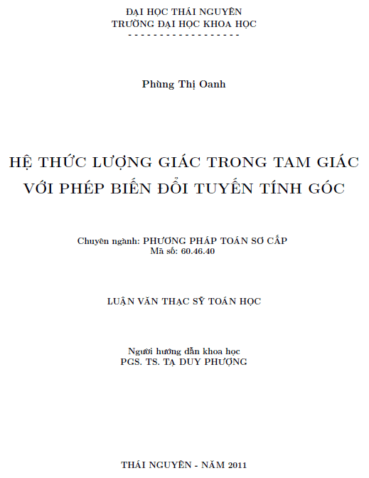 he thuc luong giac trong tam giac voi phep bien doi tuyen tinh goc