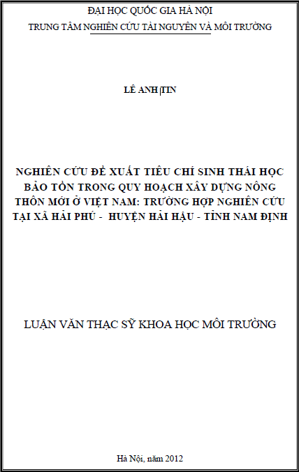 nghien cuu de xuat tieu chi sinh thai hoc bao ton trong quy hoach xay dung nong thon moi o viet nam truong hop nghien cuu tai xa hai phu huyen hai hau tinh nam dinh