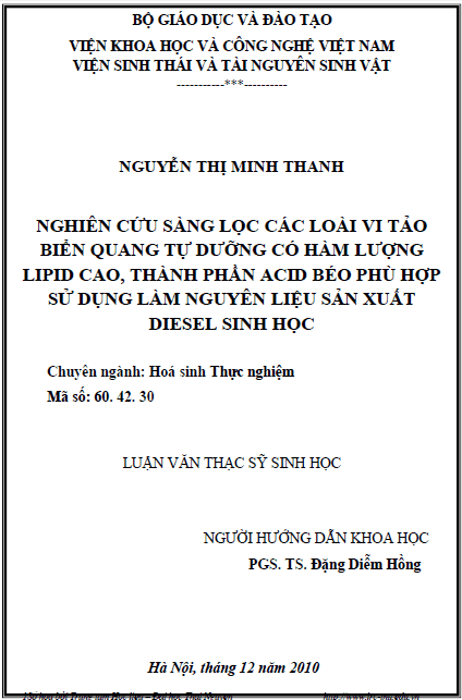 nghien cuu sang loc cac loai vi tao bien quang tu duong co ham luong lipid cao thanh phan acid beo phu hop su dung lam nguyen lieu san xuat diesel sinh hoc