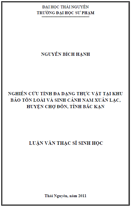 nghien cuu tinh da dang thuc vat tai khu bao ton loai va sinh canh nam xuan lac huyen cho don tinh bac kan