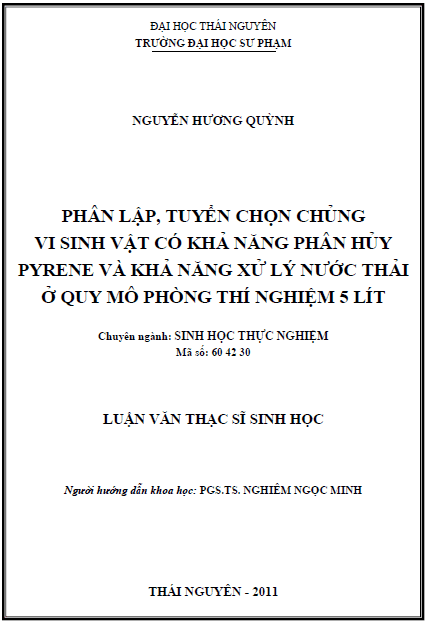 phan lap tuyen chon chung vi sinh vat co kha nang phan huy pyrene va kha nang xu ly nuoc thai o quy mo phong thi nghiem 5 lit