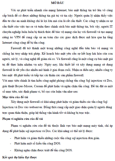 nghien cuu giai phap dung firewall bao ve may chu truoc cac tan cong dos va sql injection