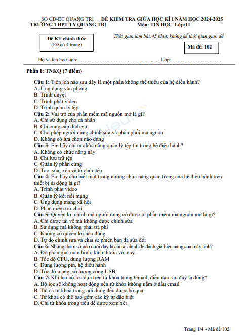 Đề thi giữa học kì 1 môn Tin học lớp 11 năm 2024-2025 - Trường THPT Thị xã Quảng Trị 1 Anh chup man hinh 2025 07 09 104247