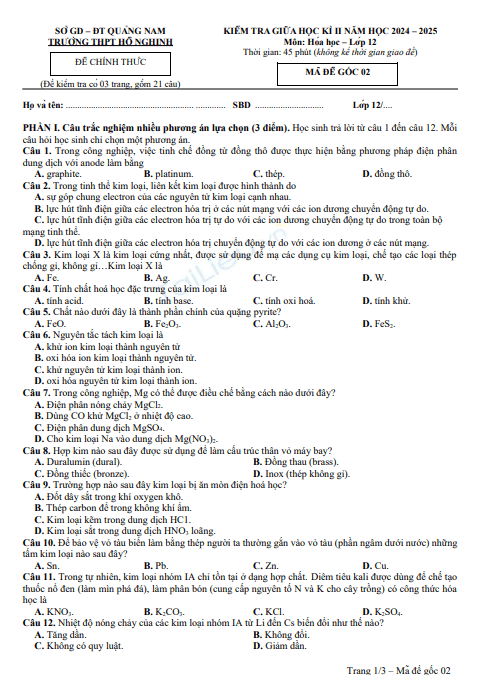 Đề thi giữa học kì 2 môn Hóa học lớp 12 năm 2024-2025 - Trường THPT Hồ Nghinh, Quảng Nam 1 Anh chup man hinh 2025 07 09 105103
