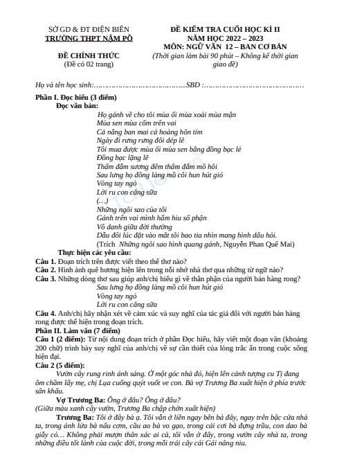 Đề thi học kì 2 môn Ngữ văn lớp 12 năm 2022-2023 có đáp án - Trường THPT Nậm Pồ, Điện Biên 1 Anh chup man hinh 2025 07 10 094807