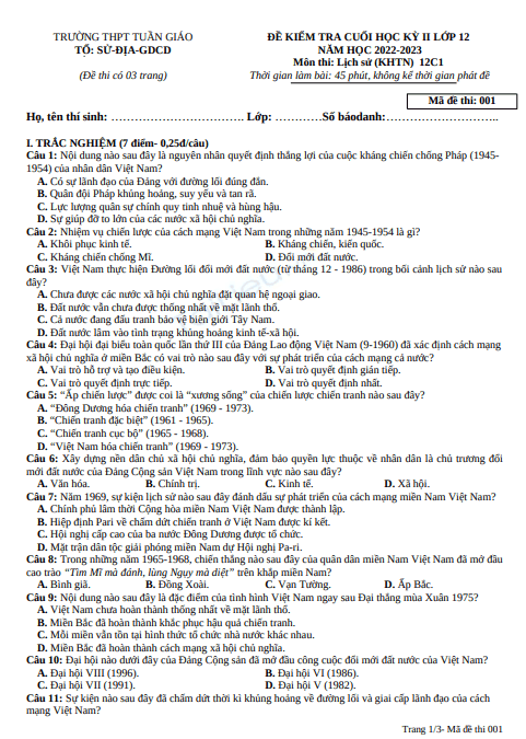 Đề thi học kì 2 môn Lịch sử lớp 12 năm 2022-2023 - Trường THPT Tuần Giáo 1 Anh chup man hinh 2025 07 10 095921