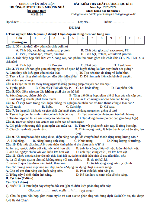 Đề thi học kì 2 môn KHTN lớp 9 năm 2023-2024 có đáp án - Trường PTDTBT THCS Xã Mường Nhà 1 Anh chup man hinh 2025 07 10 101708